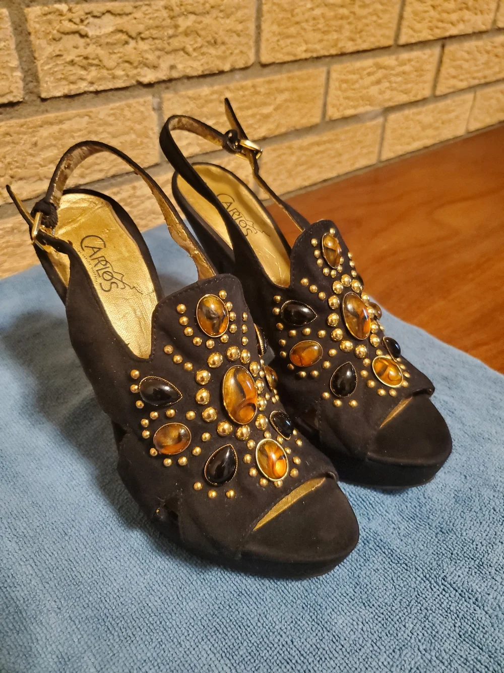 Carlos by Carlos Santana Black Suede Slingback Heels with Amber and Black Jewels